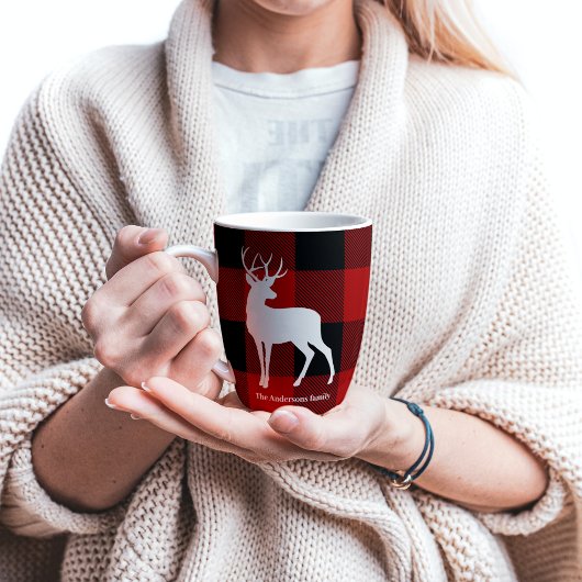 Tasse Latte Red Buffalo Plaid & Deer | Nom personnel Cadeau