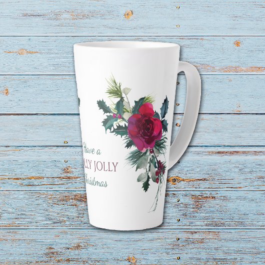 Tasse Latte Red Rose Bouquet Holly Jolly Noël