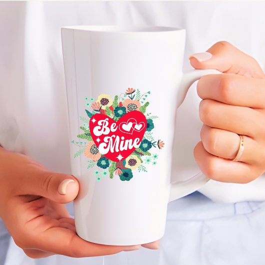 Tasse Latte Retro Floral Heart Be Mine Red Valentine's Day