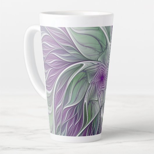 Tasse Latte Rêve de fleurs, Abstrait violet vert Fractal Art (Angle gauche)