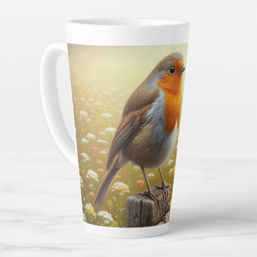 Tasse Latte Robin européen perché sur une clôture rustique (Angle gauche)