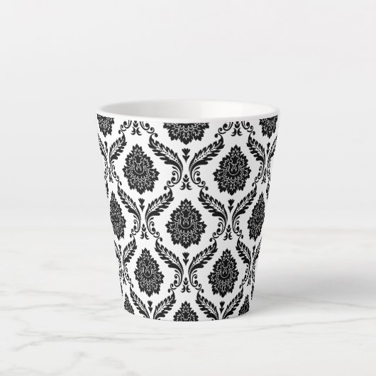 Tasse Latte Rococo Damask Pattern Black on White (Devant)