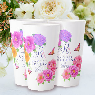 Tasse Latte Romantique Monogramme Peonies Jardin Blanc