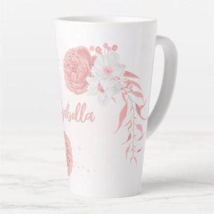 Tasse Latte romantique rose et fleurs blanches