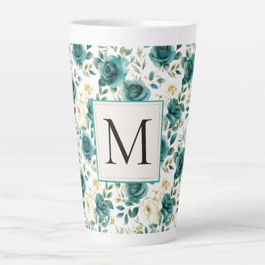 Tasse Latte Romantique Turquoise Green Creme Rose Floral Monog (Devant)