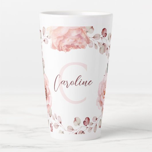 Tasse Latte Rose d'aquarelle Wreath personnalisée | BLANCHE (Devant)