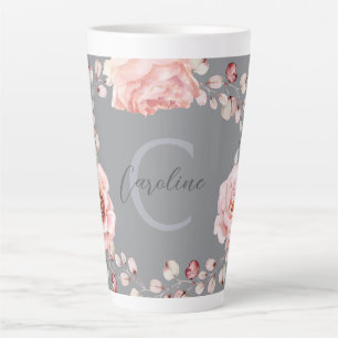 Tasse Latte Rose d'aquarelle Wreath personnalisée Gray