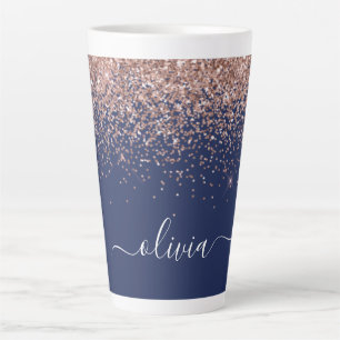 Tasse Latte Rose Gold Bleu Marine Blush Fleur Paillettes Monog