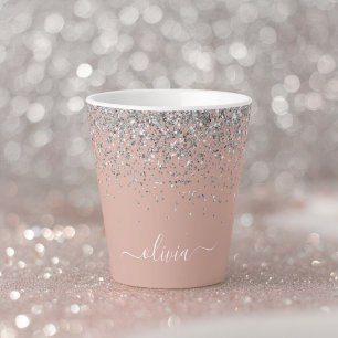 Tasse Latte Rose Gold Blush Rose Pailleté Monogramme Féminin