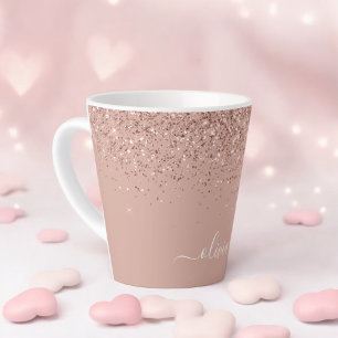 Tasse Latte Rose Gold Blush Rose Pailleté Monogramme Féminin
