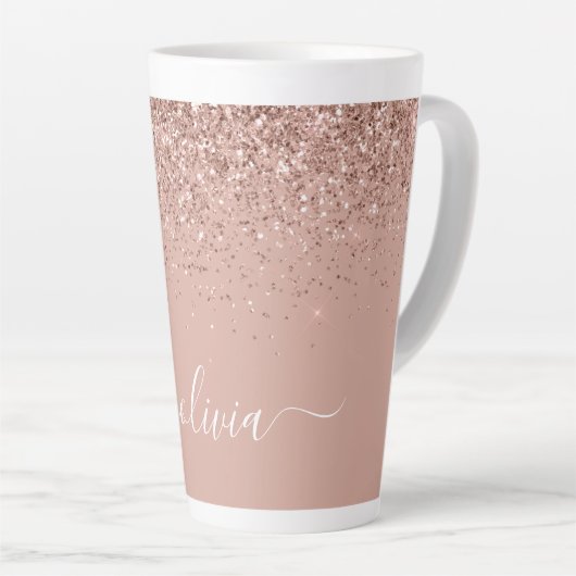 Tasse Latte Rose Gold Blush Rose Pailleté Monogramme Script Gi (Angle droit)