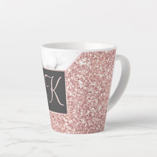 Tasse Latte Rose Gold Faux Parties scintillant Marbre Monogram (Angle droit)