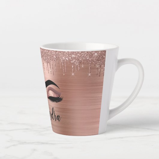 Tasse Latte Rose Gold Glitter Sparkle Eyelashes Monogram (Droite)