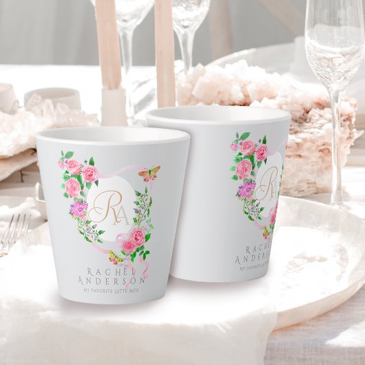 Tasse Latte Rose Ruban Chic Monogramme Latte Gris