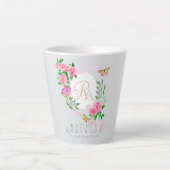 Tasse Latte Rose Ruban Chic Monogramme Latte Gris (Devant)