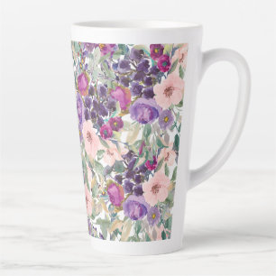 Tasse Latte Rose saumon floral violet feuilles de sauge verte