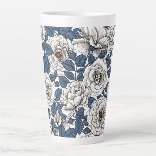 Tasse Latte Roses blanches avec feuilles bleus (Devant)