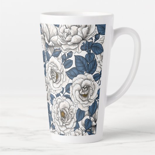 Tasse Latte Roses blanches avec feuilles bleus (Droite)