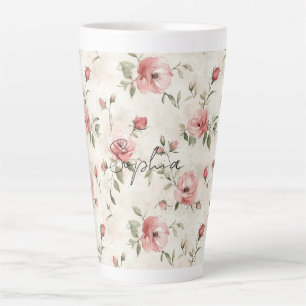 Tasse Latte Roses Fleuris Rose Pâle Ivoire  