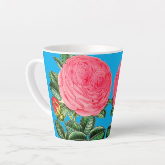 Tasse Latte Roses roses roses sur Aqua Blue (Angle gauche)