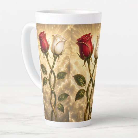 Tasse Latte Roses rouges et blanches entrelacées. (Angle gauche)