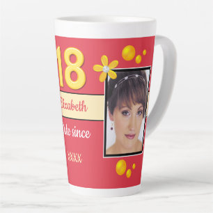Tasse Latte Rouge et or avec nom Photo d'anniversaire 18 ans