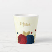Tasse Latte rouge & fleurs bleu marine feuilles d'or mariage (Devant)