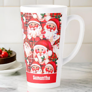 Tasse Latte Rouge Vintage Père Noël Tartan Plaid Noël