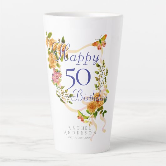Tasse Latte Ruban de rose dorée 50e anniversaire (Devant)