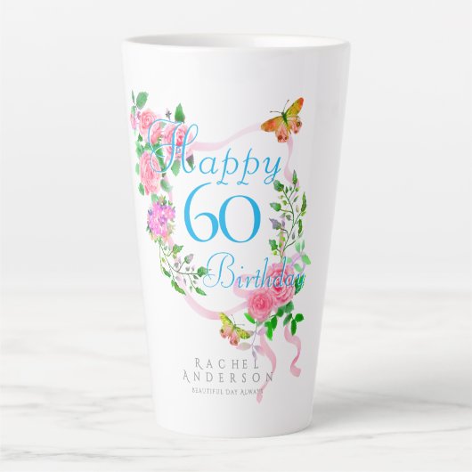 Tasse Latte Ruban de rose rose 60 ans (Devant)
