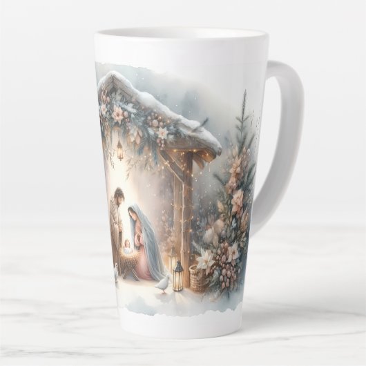 Tasse Latte Scène de la Nativité rustique avec fleurs d'hiver (Angle droit)