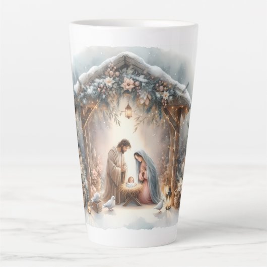 Tasse Latte Scène de la Nativité rustique avec fleurs d'hiver (Devant)