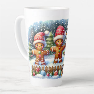 Tasse Latte Scène de Noël enneigée avec une famille en pain d'