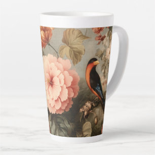 Tasse Latte Scène florale et aviaire vintage vibrante