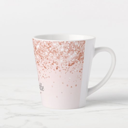 Tasse Latte Script de nom de confetti en or rose (Droite)