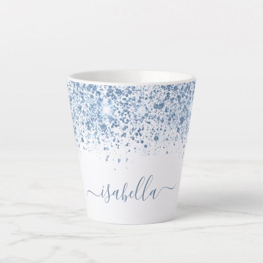 Tasse Latte Script de nom de parties scintillant bleu blanc (Devant)