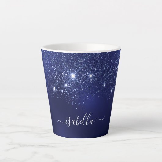Tasse Latte Script de nom de parties scintillant bleu marine (Devant)