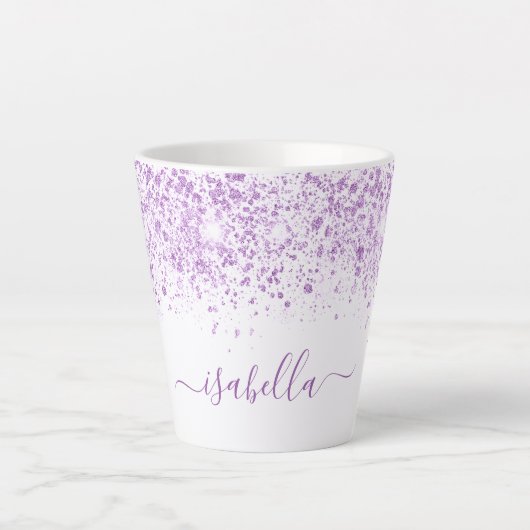 Tasse Latte Script de nom de parties scintillant violet blanc (Devant)