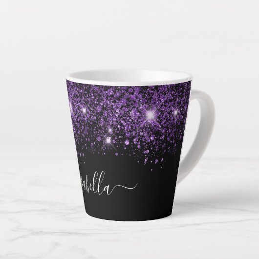 Tasse Latte Script de nom de parties scintillant violet noir g (Angle droit)