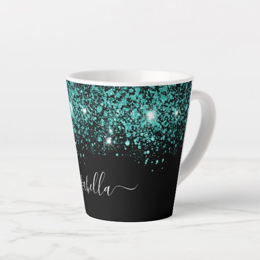 Tasse Latte Script glam de nom de parties scintillant turquois (Angle droit)