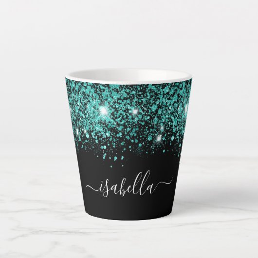 Tasse Latte Script glam de nom de parties scintillant turquois (Devant)