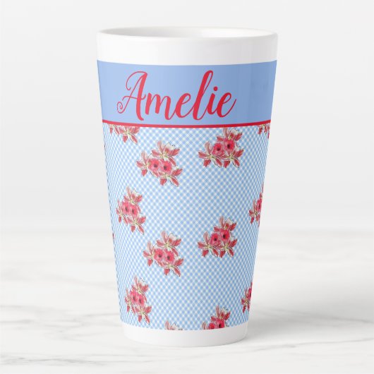 Tasse Latte Shabby Chic Bleu Rouge Floral Lily En vichy Latte (Devant)
