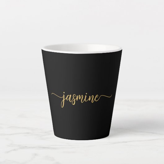 Tasse Latte Signature de nom de monogramme noir et or minimali (Devant)
