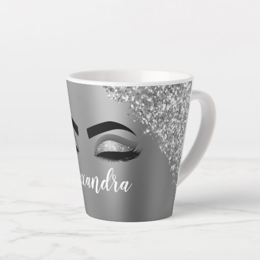 Tasse Latte Silver Glitter Sparkle Eyelashes Monogram (Angle droit)