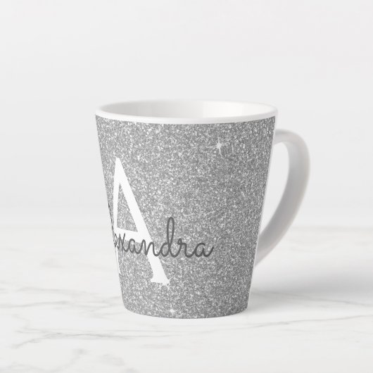 Tasse Latte Silver Sparkle Glitter Monogram Name & Initial (Angle droit)