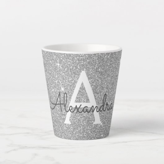 Tasse Latte Silver Sparkle Glitter Monogram Name & Initial (Devant)