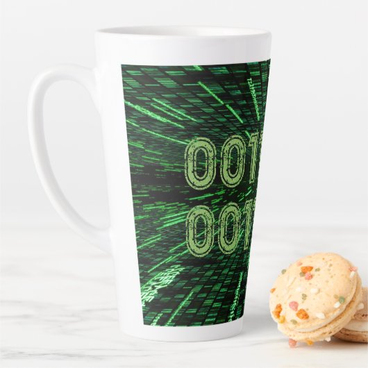 Tasse Latte SlipperyJoe's 69 code binaire vert vibrant calcul (En situation)