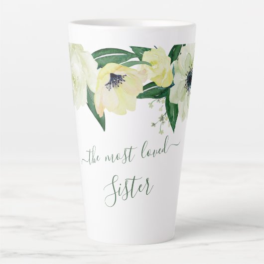 Tasse Latte Soeur la plus aimée Roses sauvages & Élégant Scrip (Devant)
