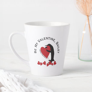 Tasse Latte Sois mon Valentin - Manchot et Cœur Rouge