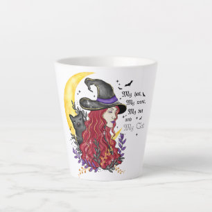 Tasse Latte Sorcière avec chat noir et lune de croissant
